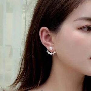 LQUSI Pearl Stud Earrings with Crystal Ear Cuff Design Silver Finish for Women