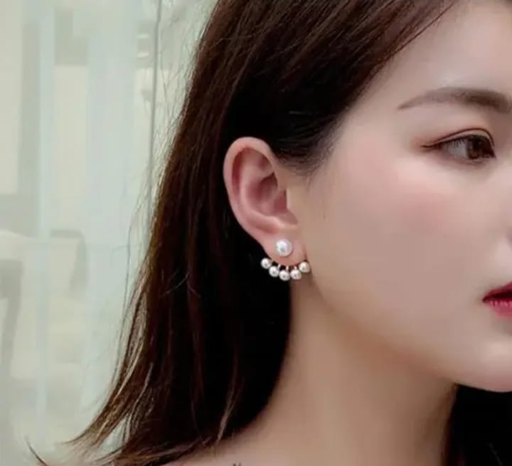 LQUSI Pearl Stud Earrings with Crystal Ear Cuff Design Silver Finish for Women