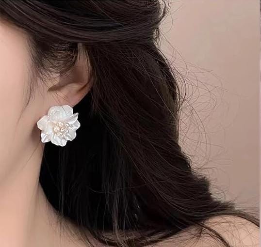 LQUSI Elegant Pearl Flower Stud Earrings for Women | Gold Tone Floral Party & Daily Wear Earrings