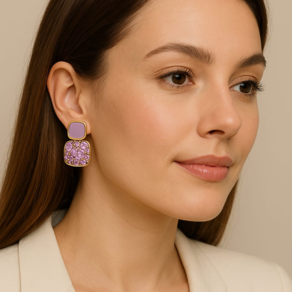 LQUSI Purple Crystal Square Drop Earrings for Women, Gold Tone Statement Dangle Earrings, Trendy Party Wear Fashion Earrings