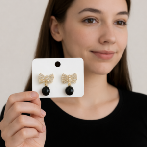 LQUSI Gold Bow Design Black Pearl Drop Earrings for Women | Elegant Party & Daily Wear