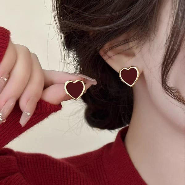 LQUSI Heart Stud Earrings for Women | Red Enamel Gold-Tone Love Earrings for Girls | Daily Wear Party Jewelry